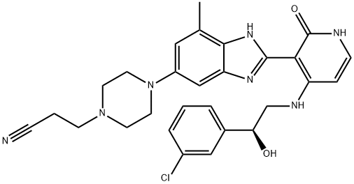 4-[2-[4-[[(2S)-2-(3-氯苯基)-2-羟基乙基]氨基]-1,2-二氢-2-氧代-3-吡啶基]-7-甲基-1H-苯并咪唑-5-基]-1-哌嗪丙腈 结构式