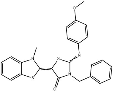 3-苄基-2-[(4-甲氧基苯基)亚氨基]-5-(3-甲基-3H-苯并噻唑-2-亚基)噻唑烷-4-酮,562825-00-7,结构式