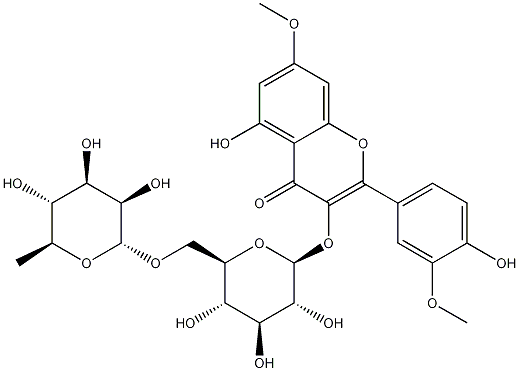 4H-1-Benzopyran-4-one, 3-((6-o-(6-deoxy-alpha-L-mannopyranosyl)-beta-D-glucopyranosyl)oxy)-5-hydroxy-2-(4-hydroxy-3-methoxyphenyl)-7-methoxy-,64527-08-8,结构式