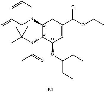 (3R,4R,5S)-4-N-乙酰基(叔丁基)氨基-5-N,N-二烯丙基氨基-3-(1-乙基丙氧基)-1-环己烯-1-甲酸乙酯单盐酸盐,651324-08-2,结构式