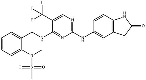 N-甲基-N-[2-[[[2-[(2-氧代-2,3-二氢-1H-吲哚-5-基)氨基]-5-三氟甲基嘧啶-4-基]氨基]甲基]苯基]甲磺酰胺,717906-29-1,结构式
