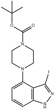 1-BOC-4-(3-ヨード-1H-インダゾール-4-イル)ピペラジン 化学構造式