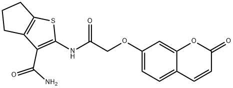 2-(2-(2-oxo-2H-chromen-7-yloxy)acetamido)-5,6-dihydro-4H-cyclopenta[b]thiophene-3-carboxamide Struktur