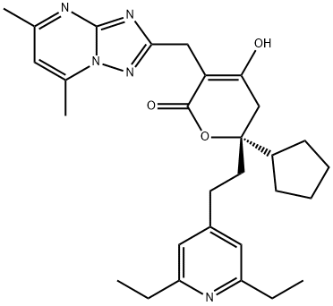 (R)-6-Cyclopentyl-6-[2-(2,6-diethylpyridin-4-yl)ethyl]-3-[(5,7-dimethyl-[1,2,4]triazolo[1,5-a]pyrimidin-2-yl)methyl]-4-hydroxy-5,6-dihydro-2H-pyran-2-one Structure
