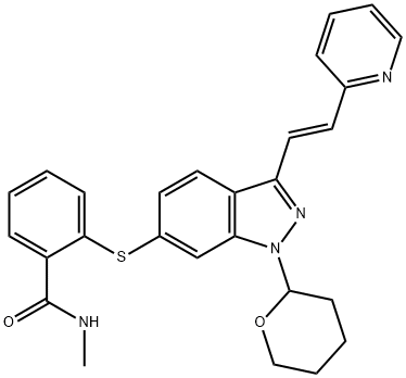 N-甲基-2-[[3-[(1E)-2-(2-吡啶基)乙烯基]-1-(四氢-2H-吡喃-2-基)-1H-吲唑-6-基]硫基]苯甲酰胺,885126-35-2,结构式