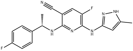 905586-69-8 5-フルオロ-2-[[(S)-1-(4-フルオロフェニル)エチル]アミノ]-6-[(5-メチル-1H-ピラゾール-3-イル)アミノ]ニコチノニトリル