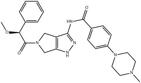 4-(4-Methyl-1-piperazinyl)-N-[1,4,5,6-tetrahydro-5-[(2S)-2-methoxy-2-phenylacetyl]pyrrolo[3,4-c]pyrazol-3-yl]benzamide Struktur