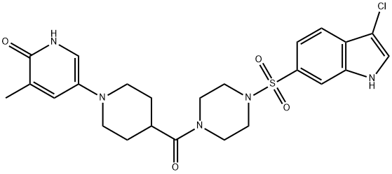 2(1H)-Pyridinone, 5-[4-[[4-[(3-chloro-1H-indol-6-yl)sulfonyl]-1-piperazinyl]carbonyl]-1-piperidinyl]-3-methyl- Struktur