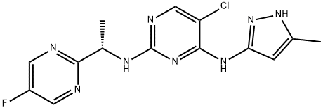 5-氯-N2-[(1S)-1-(5-氟-2-嘧啶基)乙基]-N4-(5-甲基-1H-吡唑-3-基)-2,4-嘧啶二胺, 935666-88-9, 结构式