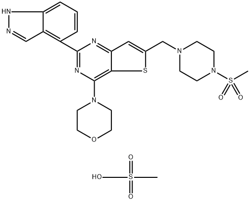 Thieno[3,2-d]pyrimidine, 2-(1H-indazol-4-yl)-6-[[4-(methylsulfonyl)-1-piperazinyl]methyl]-4-(4-morpholinyl)- Struktur