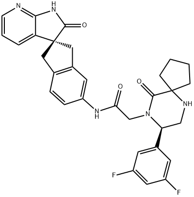 (8R)-8-(3,5-Difluorophenyl)-10-oxo-N-[(2R)-1,1',2',3-tetrahydro-2'-oxospiro[2H-indene-2,3'-[3H]pyrrolo[2,3-b]pyridin]-5-yl]-6,9-diazaspiro[4.5]decane-9-acetamide Struktur