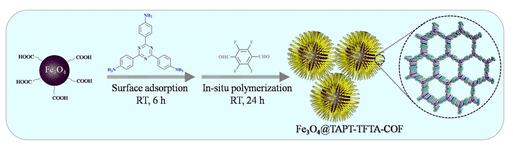 Schematic diagram for the preparation of Fe3O4@TAPT-TFTA-COF.