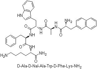 CAS # 158861-67-7, Pralmorelin, D-Alanyl-3-(2-naphthalenyl)-D-alanyl-L-alanyl-L-tryptophyl-D-phenylalanyl-L-lysinamide, (2S)-6-amino-2-[[(2R)-2-[[(2S)-2-[[(2S)-2-[[(2R)-2-amino-3-naphthalen-2-yl-propanoyl]amino]propanoyl]amino]-3-(1H-indol-3-yl)propanoyl]amino]-3-phenyl-propanoyl]amino]-N-[(2R)-2-aminopropanoyl]hexanamide, D-Ala-bata-(2-naphthyl)-D-Ala-Trp-D-Phe-Lys amide